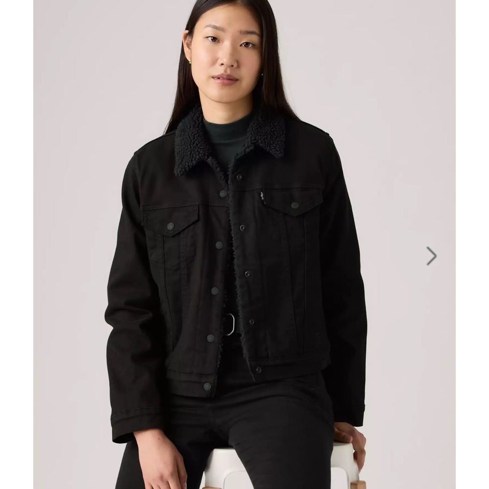 Levi's Women's Original Sherpa‎ Trucker Jacket Black Large Denim Barn Coat